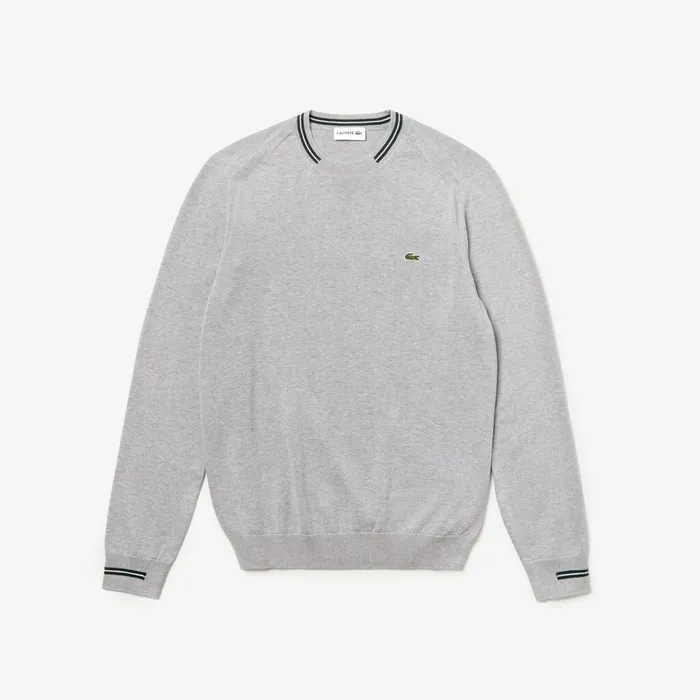 Crewneck Mixed Stich And Striped Cotton Sweater Grey ChineGreenWhite Mens Lacoste Sweaters USA