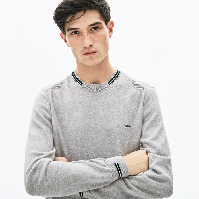 Crewneck Mixed Stich And Striped Cotton Sweater Grey ChineGreenWhite Mens Lacoste Sweaters USA