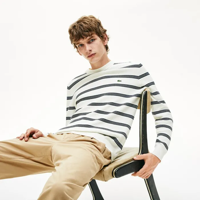 Crewneck Pinstriped Wool and Cotton Sweater WhiteNavy Blue Mens Lacoste Sweaters Gift for Friend Crewneck Pinstriped Wool and Cotton Sweater WhiteNavy Blue Mens Lacoste Sweaters Gift for Friend