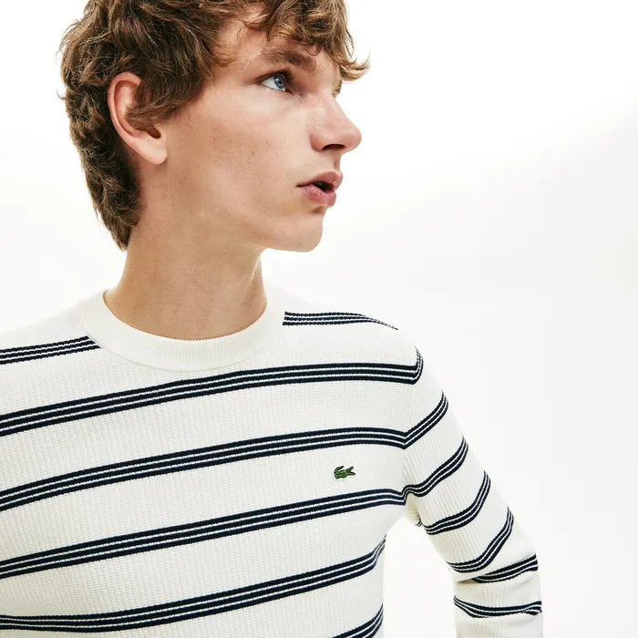 Crewneck Pinstriped Wool and Cotton Sweater WhiteNavy Blue Mens Lacoste Sweaters Gift for Friend