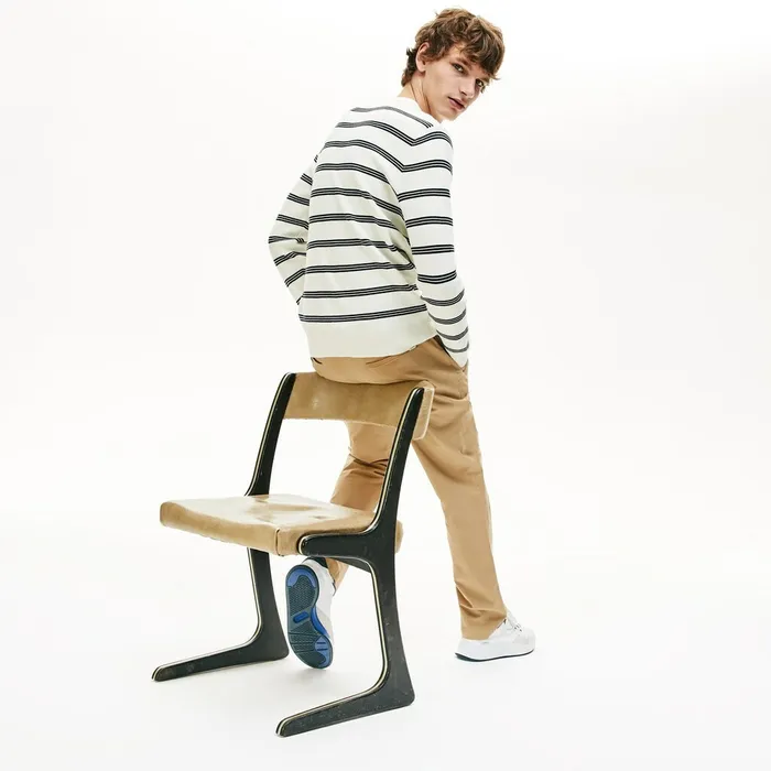 Crewneck Pinstriped Wool and Cotton Sweater WhiteNavy Blue Mens Lacoste Sweaters Gift for Friend