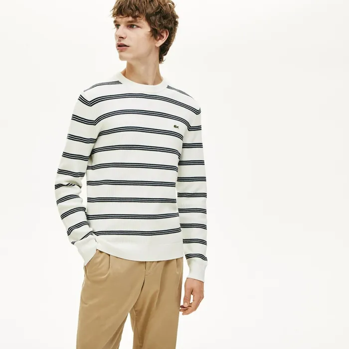 Crewneck Pinstriped Wool and Cotton Sweater WhiteNavy Blue Mens Lacoste Sweaters Gift for Friend