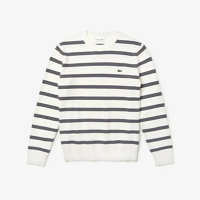 Crewneck Pinstriped Wool and Cotton Sweater WhiteNavy Blue Mens Lacoste Sweaters Gift for Friend