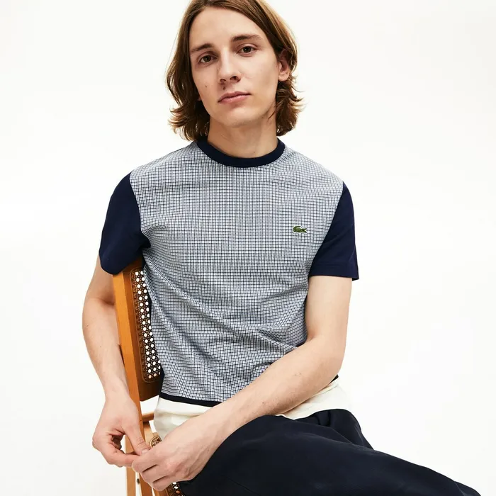 Crewneck PrintBlocked Cotton TShirt WhiteNavy Blue Mens Lacoste TShirts Outlet