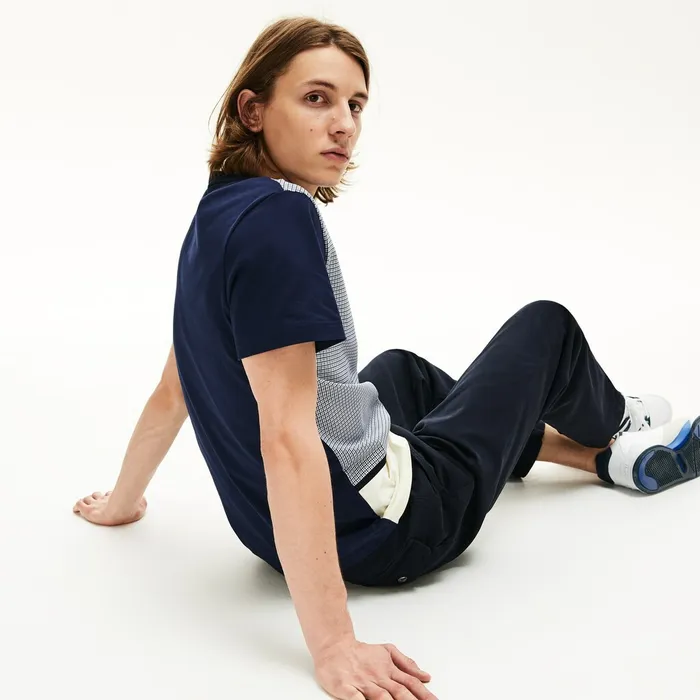 Crewneck PrintBlocked Cotton TShirt WhiteNavy Blue Mens Lacoste TShirts Outlet