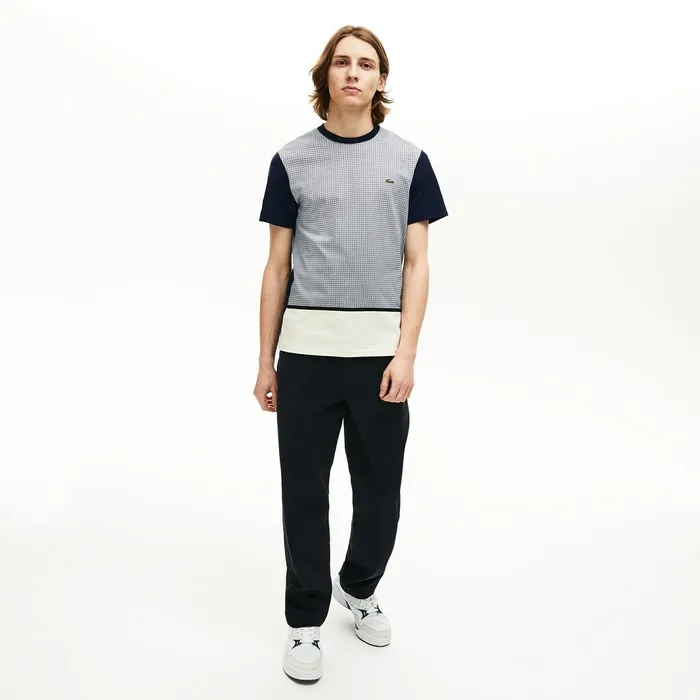 Crewneck PrintBlocked Cotton TShirt WhiteNavy Blue Mens Lacoste TShirts Outlet