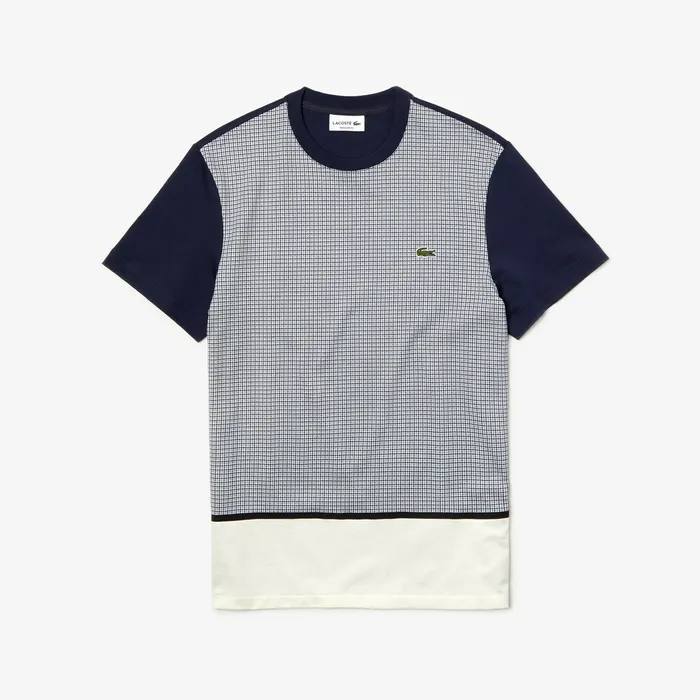 Crewneck PrintBlocked Cotton TShirt WhiteNavy Blue Mens Lacoste TShirts Outlet