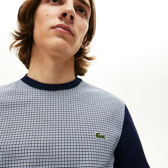 Crewneck PrintBlocked Cotton TShirt WhiteNavy Blue Mens Lacoste TShirts Outlet