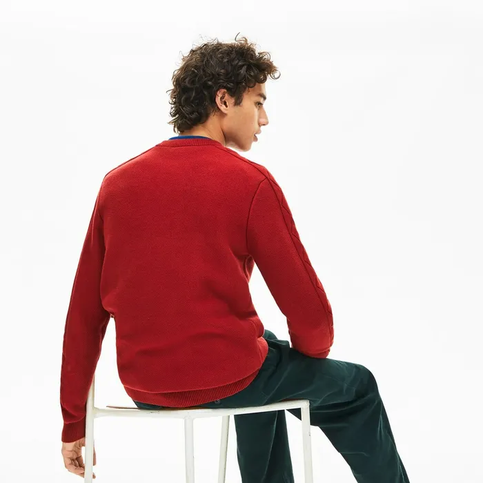 Crewneck QuiltedSleeve Cotton Piqu Sweater Bordeaux Mens Lacoste Sweaters On Sale