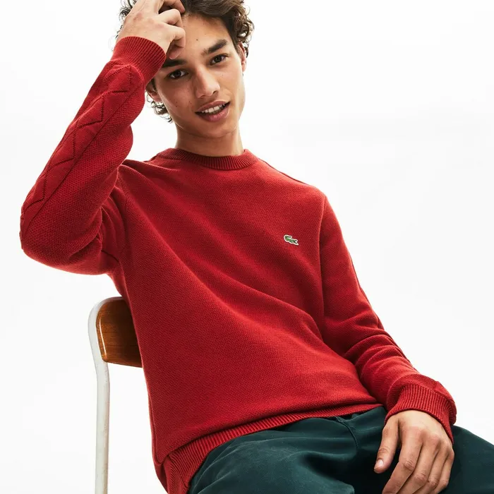 Crewneck QuiltedSleeve Cotton Piqu Sweater Bordeaux Mens Lacoste Sweaters On Sale