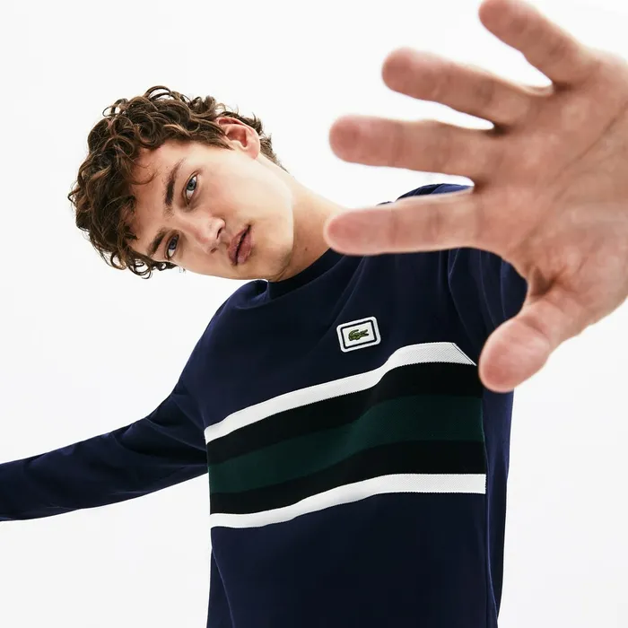 Crewneck Striped Cotton TShirt Navy BlueWhiteBlackGreen Mens Lacoste TShirts Online Outlet Store