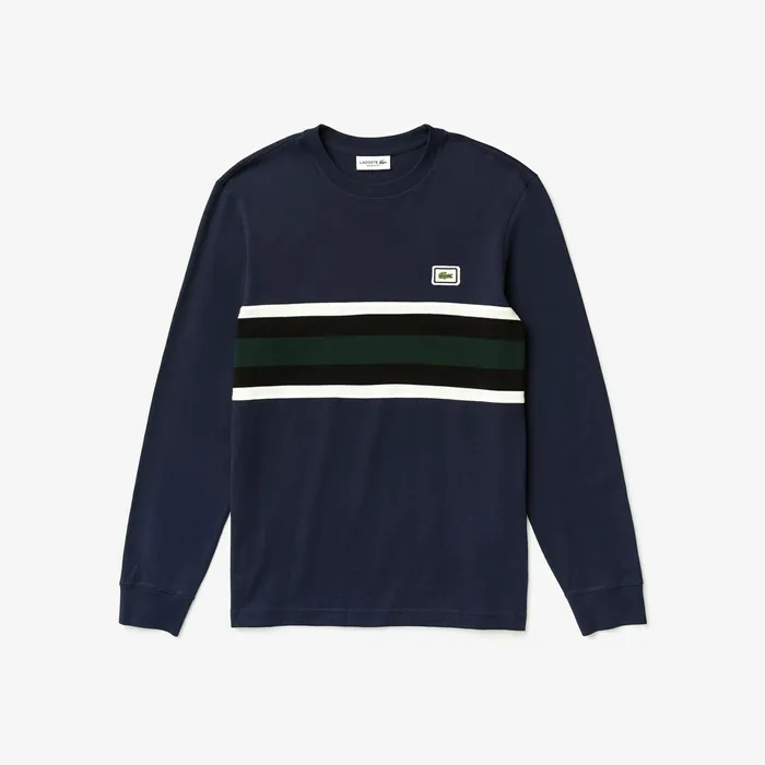 Crewneck Striped Cotton TShirt Navy BlueWhiteBlackGreen Mens Lacoste TShirts Online Outlet Store