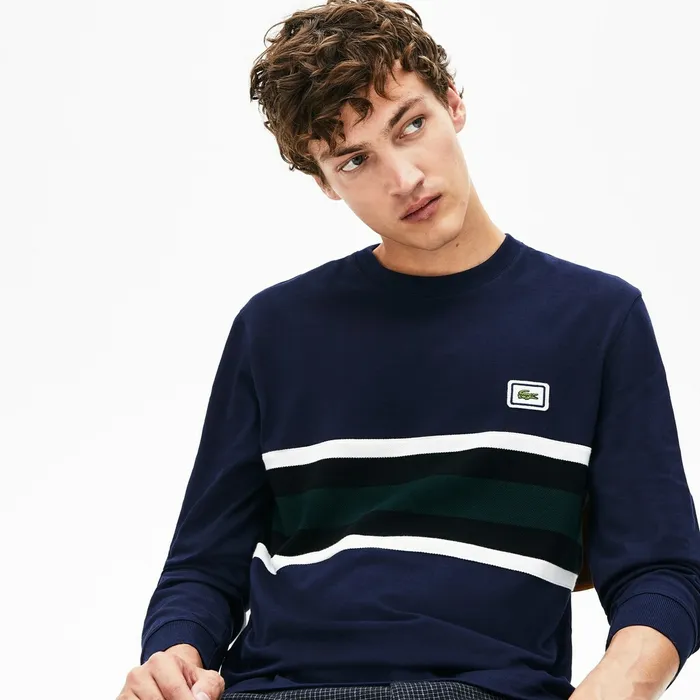Crewneck Striped Cotton TShirt Navy BlueWhiteBlackGreen Mens Lacoste TShirts Online Outlet Store