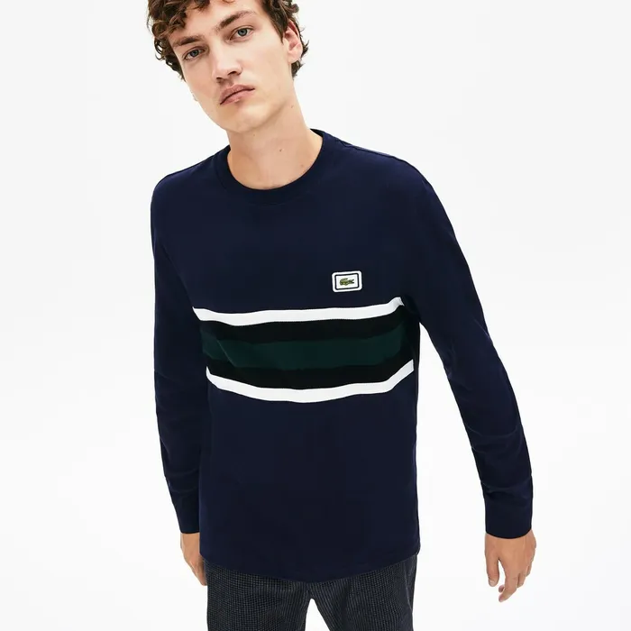 Crewneck Striped Cotton TShirt Navy BlueWhiteBlackGreen Mens Lacoste TShirts Online Outlet Store