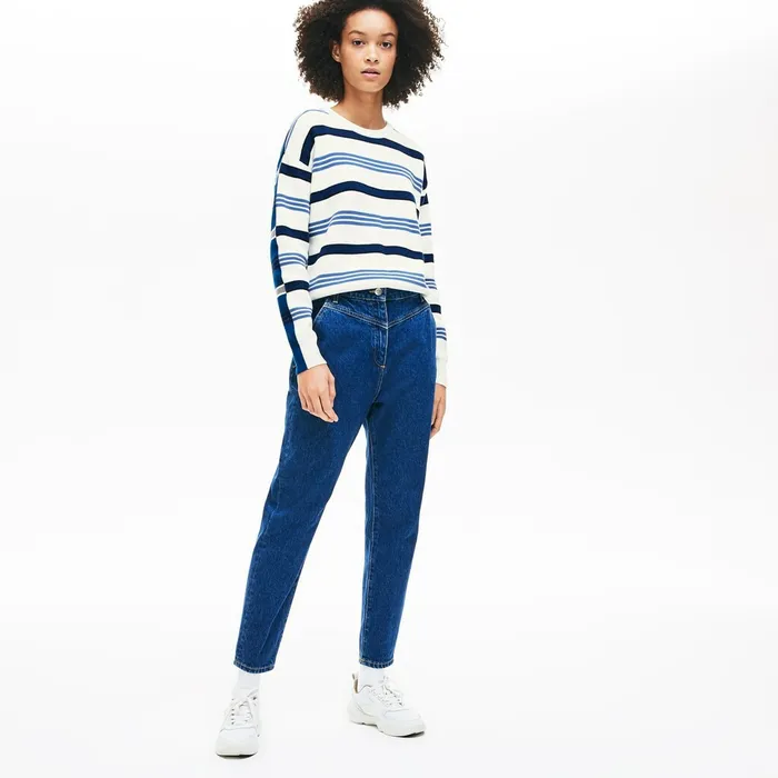 Crewneck Striped Piqu And Jersey Sweater WhiteNavy BlueBlue Womens Lacoste Sweaters and Sweatshirts For Sale Online