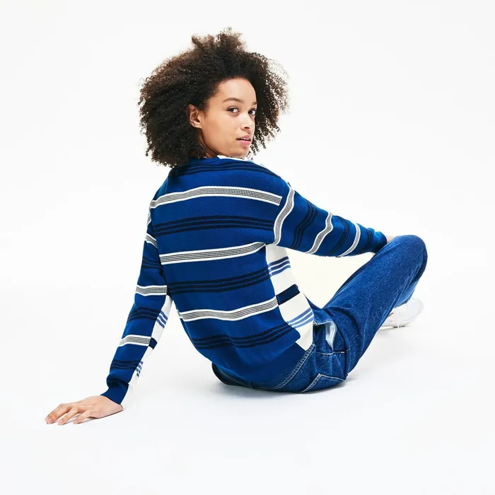 Crewneck Striped Piqu And Jersey Sweater WhiteNavy BlueBlue Womens Lacoste Sweaters and Sweatshirts For Sale Online