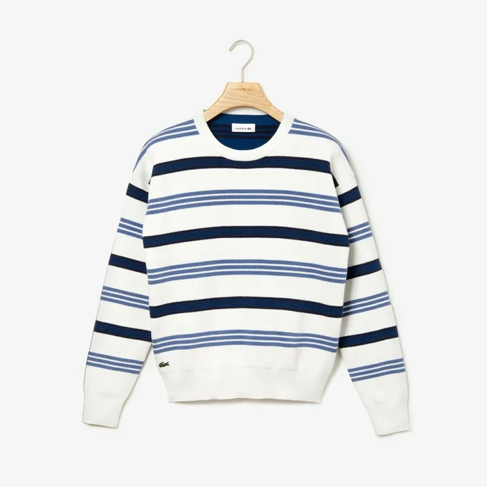 Crewneck Striped Piqu And Jersey Sweater WhiteNavy BlueBlue Womens Lacoste Sweaters and Sweatshirts For Sale Online