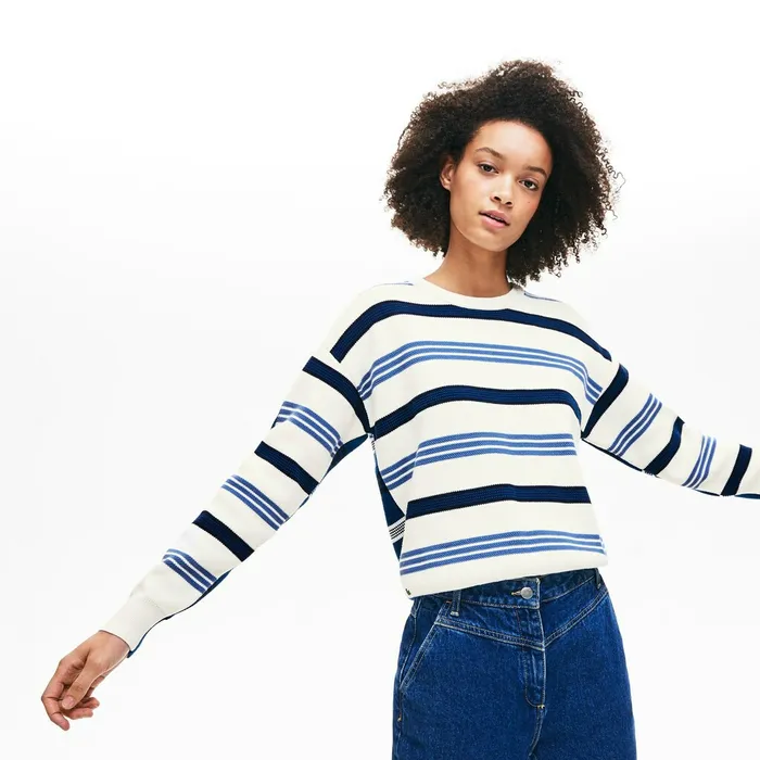 Crewneck Striped Piqu And Jersey Sweater WhiteNavy BlueBlue Womens Lacoste Sweaters and Sweatshirts For Sale Online