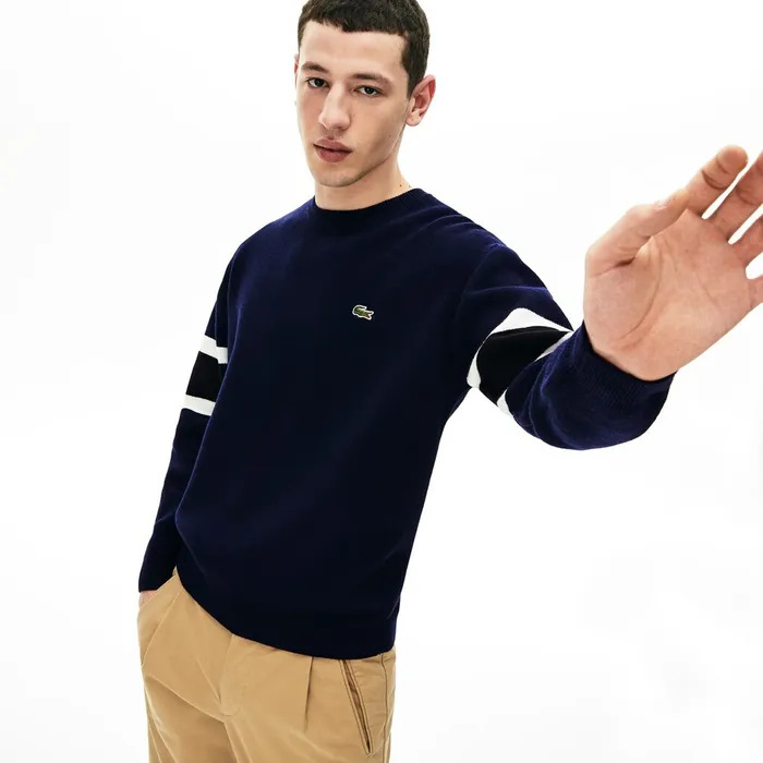 Crewneck StripedSleeve Heathered Jacquard Sweater Navy BlueBlackWhiteYellow Mens Lacoste Sweaters USA Crewneck StripedSleeve Heathered Jacquard Sweater Navy BlueBlackWhiteYellow Mens Lacoste Sweaters USA
