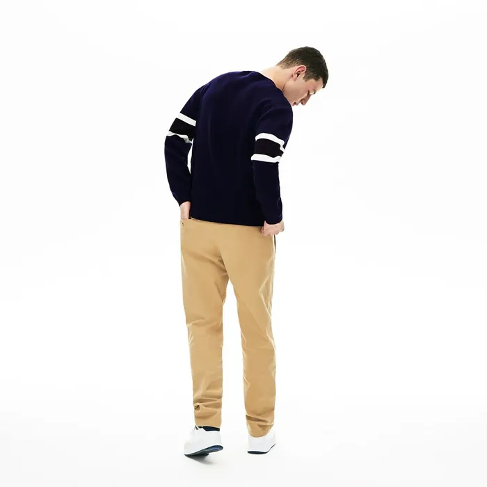 Crewneck StripedSleeve Heathered Jacquard Sweater Navy BlueBlackWhiteYellow Mens Lacoste Sweaters USA