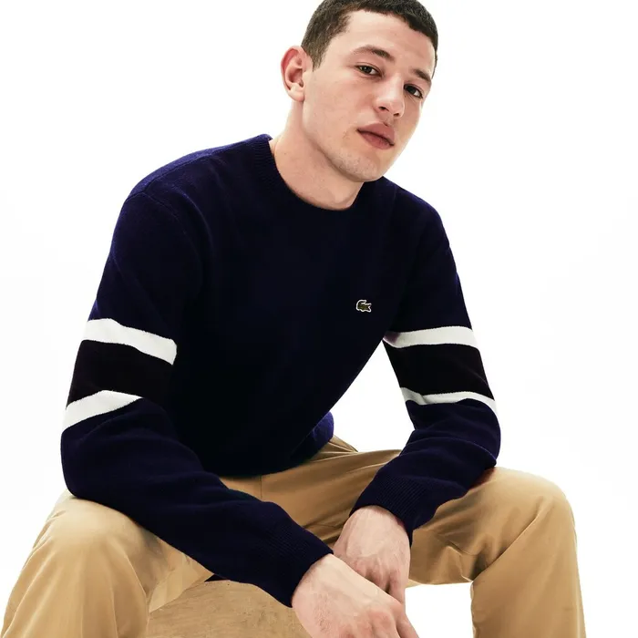 Crewneck StripedSleeve Heathered Jacquard Sweater Navy BlueBlackWhiteYellow Mens Lacoste Sweaters USA