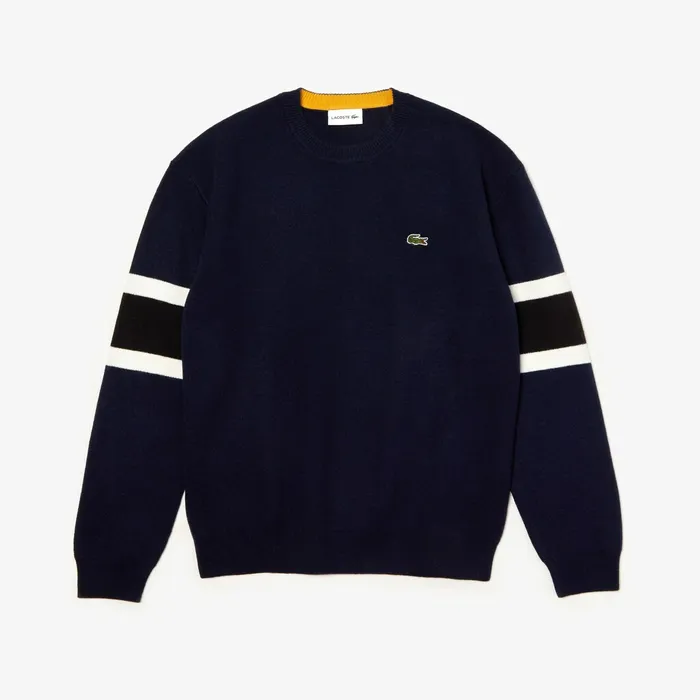 Crewneck StripedSleeve Heathered Jacquard Sweater Navy BlueBlackWhiteYellow Mens Lacoste Sweaters USA