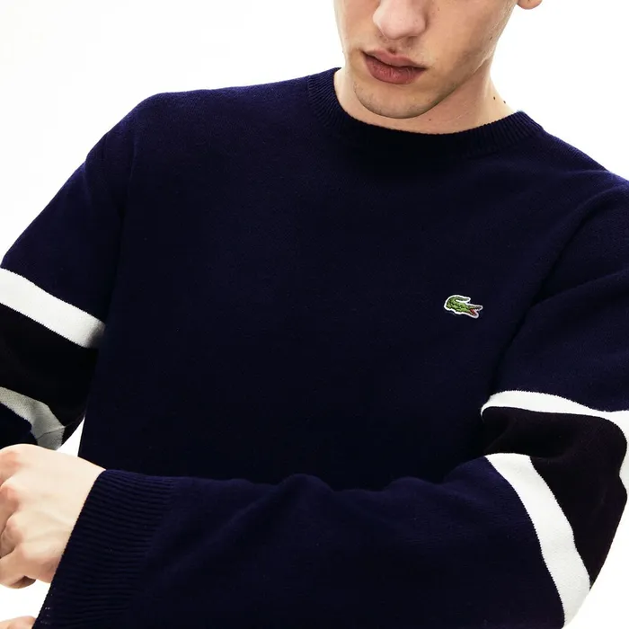 Crewneck StripedSleeve Heathered Jacquard Sweater Navy BlueBlackWhiteYellow Mens Lacoste Sweaters USA