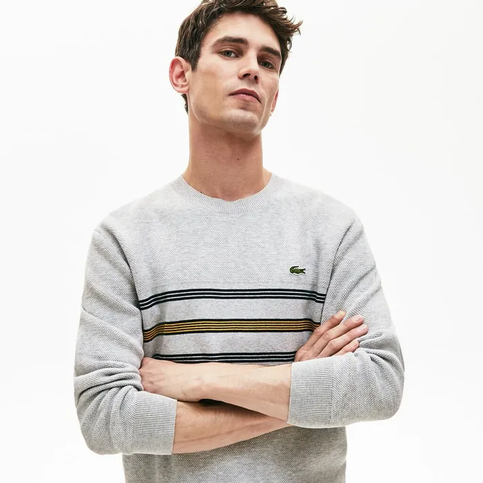 Crewneck Striped Texturized Piqu Sweater Grey ChineNavy BlueYellow Mens Lacoste Sweaters Online Outlet Store Crewneck Striped Texturized Piqu Sweater Grey ChineNavy BlueYellow Mens Lacoste Sweaters Online Outlet Store