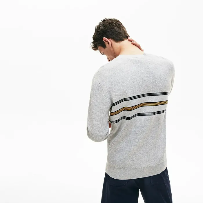 Crewneck Striped Texturized Piqu Sweater Grey ChineNavy BlueYellow Mens Lacoste Sweaters Online Outlet Store