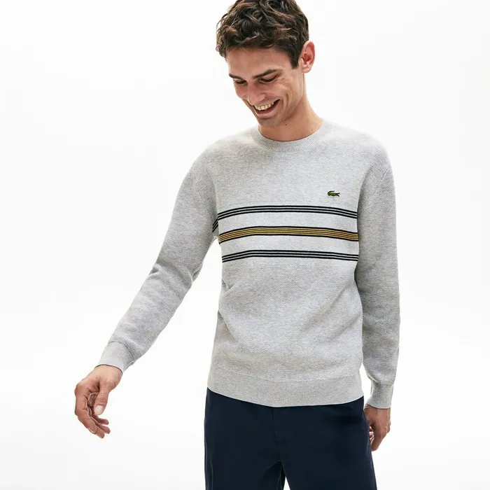 Crewneck Striped Texturized Piqu Sweater Grey ChineNavy BlueYellow Mens Lacoste Sweaters Online Outlet Store