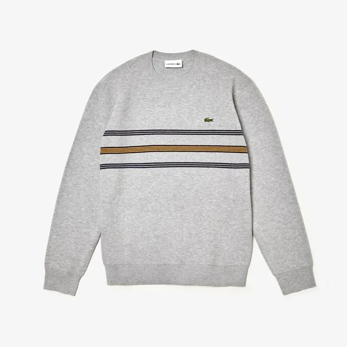 Crewneck Striped Texturized Piqu Sweater Grey ChineNavy BlueYellow Mens Lacoste Sweaters Online Outlet Store
