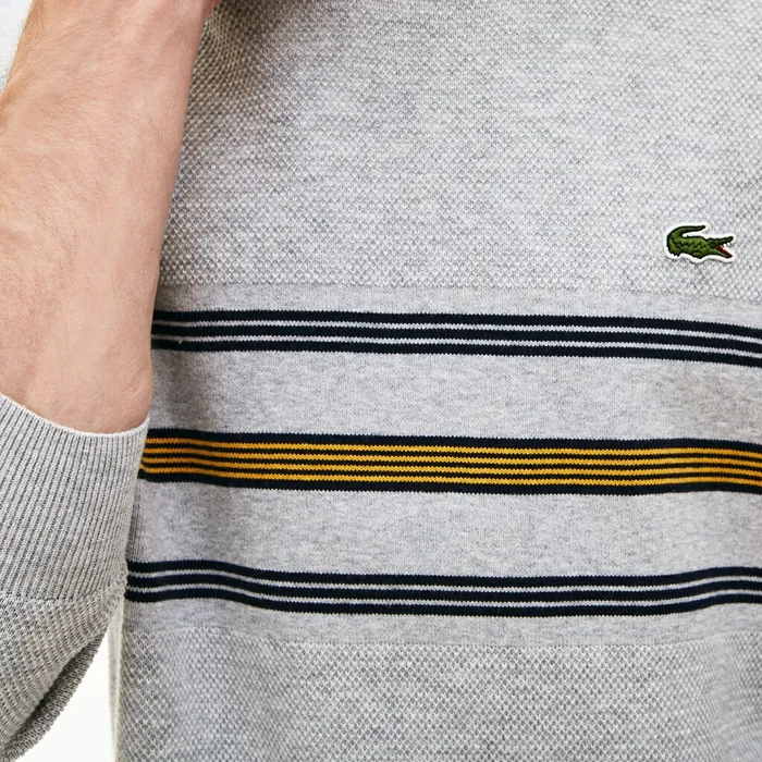 Crewneck Striped Texturized Piqu Sweater Grey ChineNavy BlueYellow Mens Lacoste Sweaters Online Outlet Store