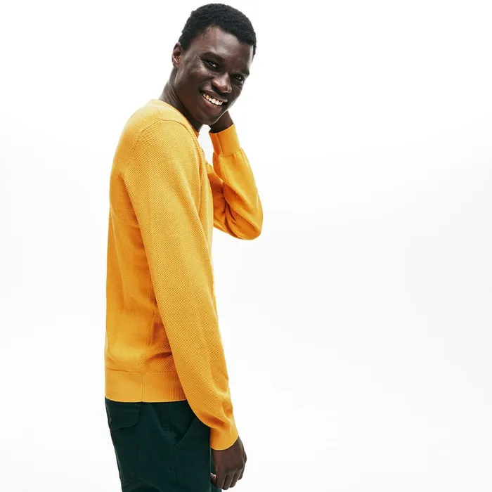 Crewneck Textured Thermoregulating Sweater YellowNavy Blue Mens Lacoste Sweaters Online Outlet Store
