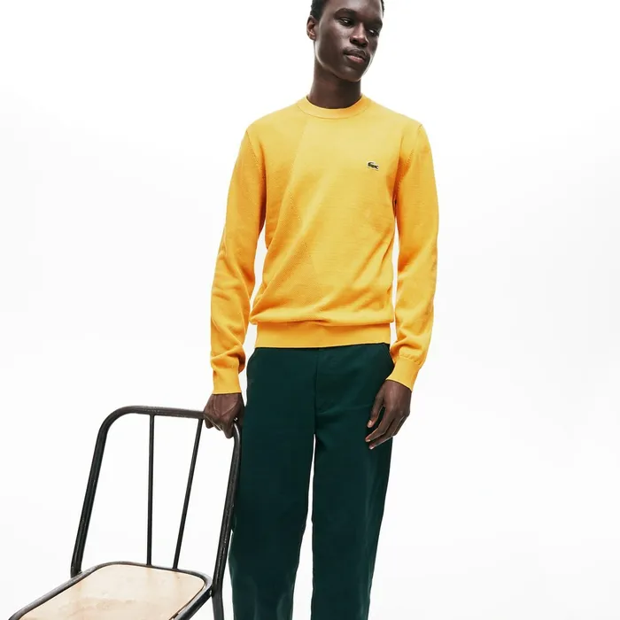 Crewneck Textured Thermoregulating Sweater YellowNavy Blue Mens Lacoste Sweaters Online Outlet Store