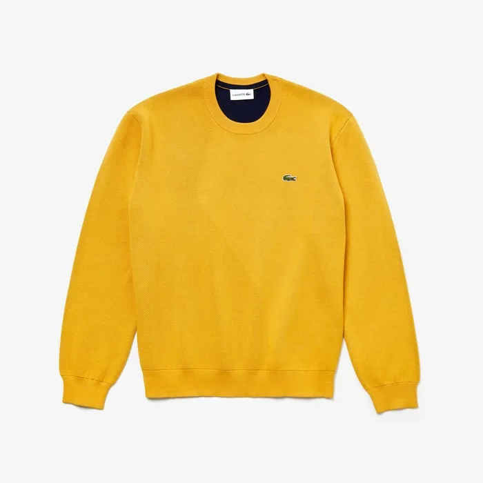 Crewneck Textured Thermoregulating Sweater YellowNavy Blue Mens Lacoste Sweaters Online Outlet Store