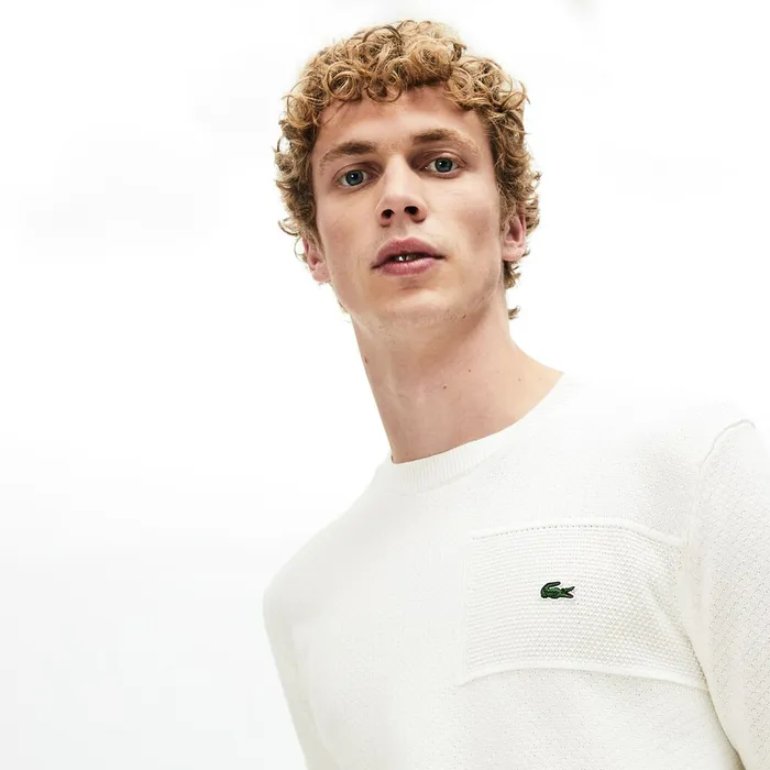 Crewneck Texturized Cotton Sweater White Mens Lacoste Sweaters On Sale
