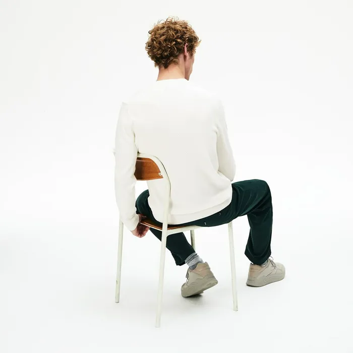 Crewneck Texturized Cotton Sweater White Mens Lacoste Sweaters On Sale
