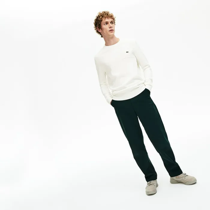 Crewneck Texturized Cotton Sweater White Mens Lacoste Sweaters On Sale