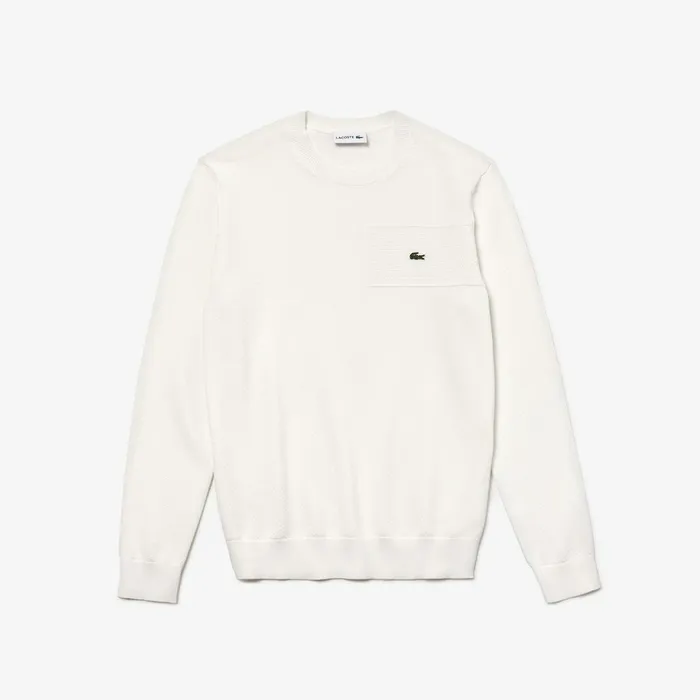 Crewneck Texturized Cotton Sweater White Mens Lacoste Sweaters On Sale