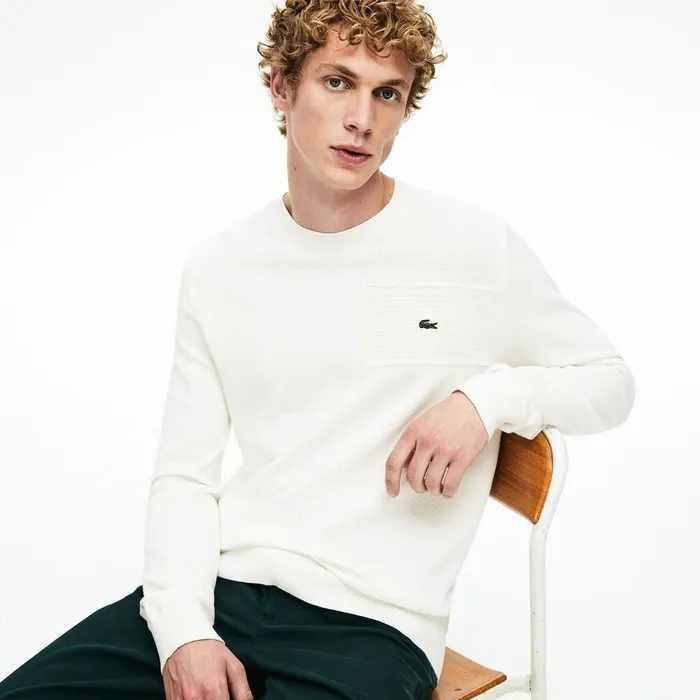 Crewneck Texturized Cotton Sweater White Mens Lacoste Sweaters On Sale