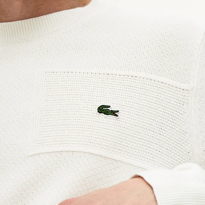 Crewneck Texturized Cotton Sweater White Mens Lacoste Sweaters On Sale