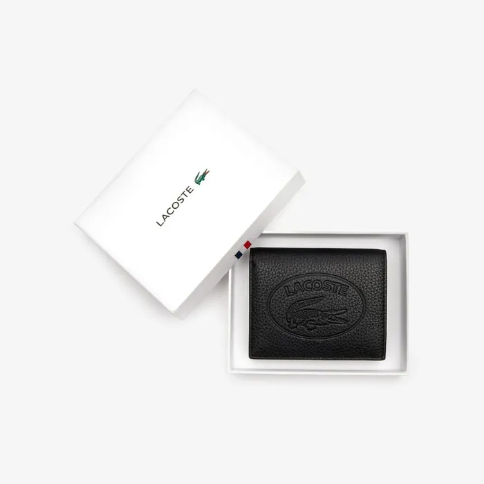 Croco Crew Grained Leather Bifold Wallet with Coin Purse Black Womens Lacoste Bags For Sale
