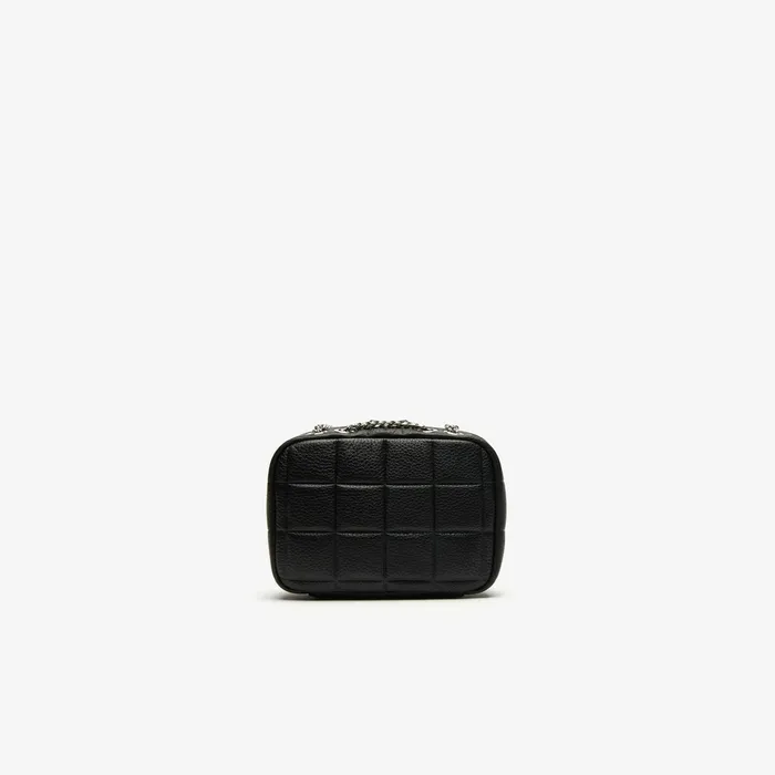 Croco Crew Quilted Leather Zippered Shoulder Bag Black Womens Lacoste Bags Casaul