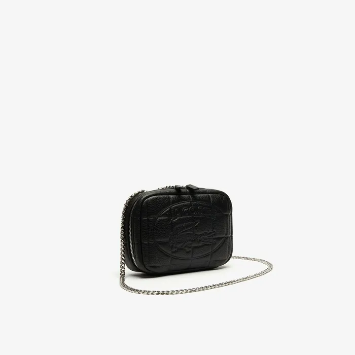 Croco Crew Quilted Leather Zippered Shoulder Bag Black Womens Lacoste Bags Casaul