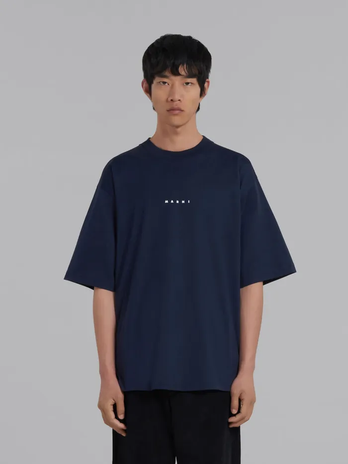 Dark Blue Organic Cotton Tshirt With Logo Men Marni Tops and TShirts