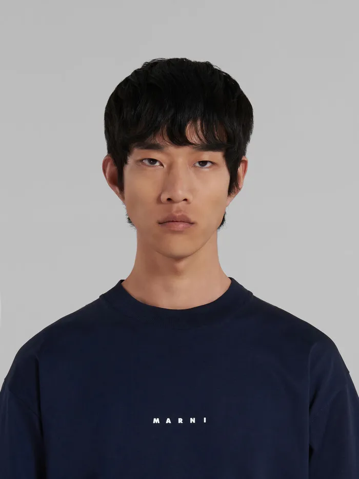 Dark Blue Organic Cotton Tshirt With Logo Men Marni Tops and TShirts