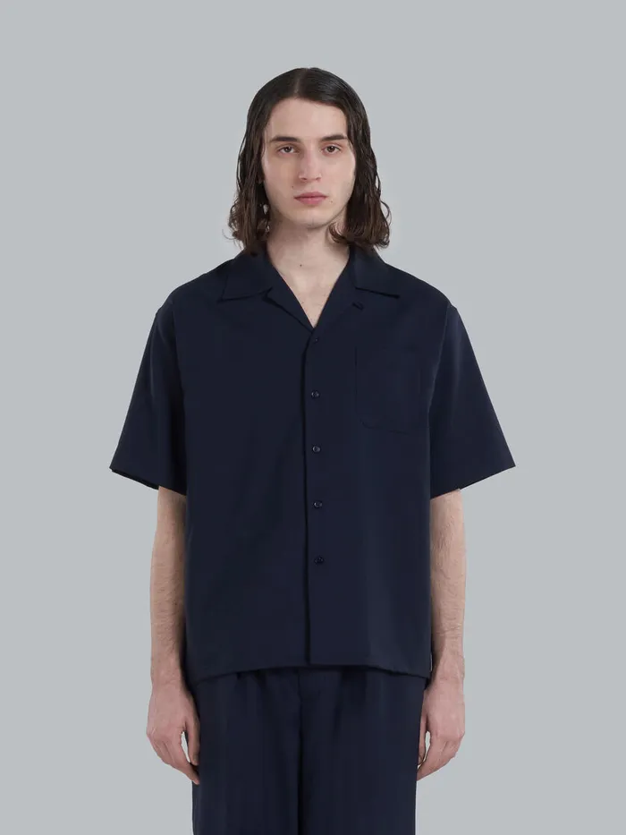 Dark Blue Tropical Wool Bowling Shirt Men Marni Tops and TShirts