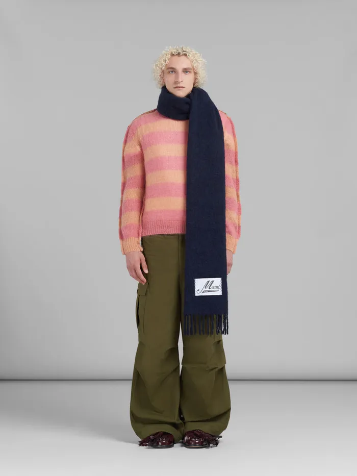 Deep Blue Brushed Alpaca Scarf With Fringes Men Marni Scarves
