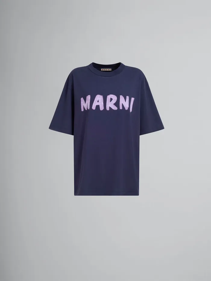 Deep Blue Organic Cotton Tshirt With Logo Women Marni Tops and TShirts