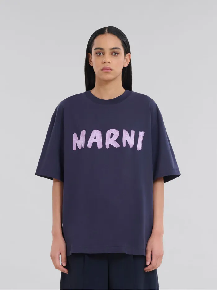 Deep Blue Organic Cotton Tshirt With Logo Women Marni Tops and TShirts